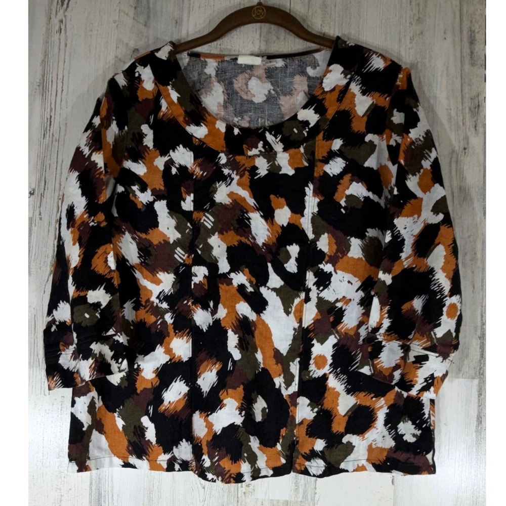 Hot Cotton Linen Top Size Small Abstract Brushstroke Animal‎ Camo Black Multi
